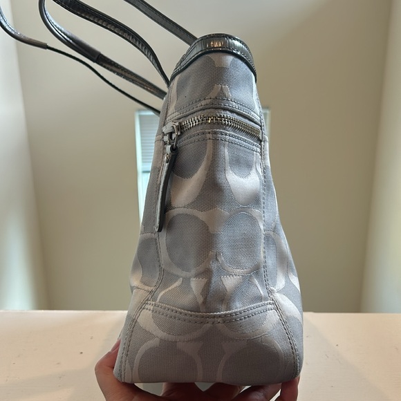 Coach Metallic Gray Signature Stripe Tote - Good Condition - Picture 4 of 14